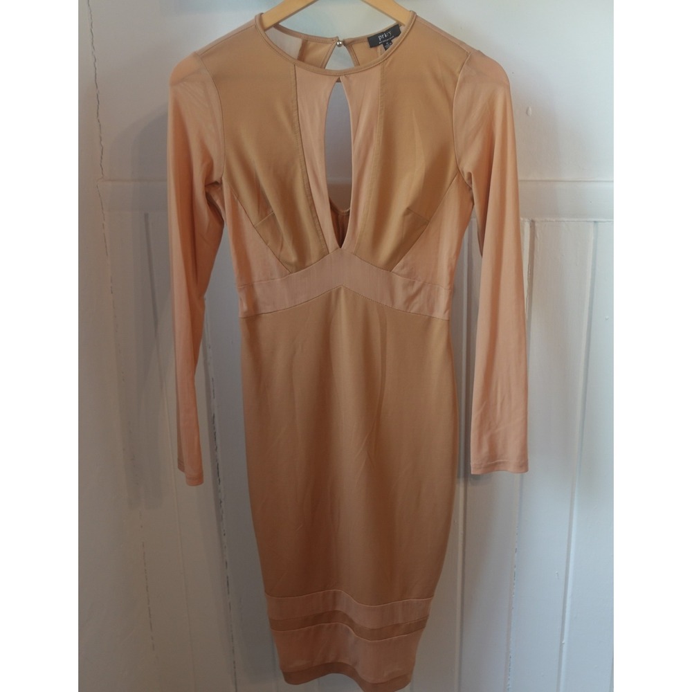 Privy‎ Dress Womens Medium Tan Nude Bodycon Cutout Sheer Mesh Midi Party Club